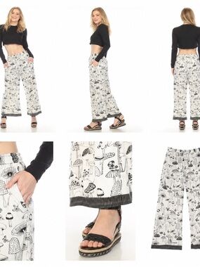 Black & White Mushroom Print Wide-Leg Pants